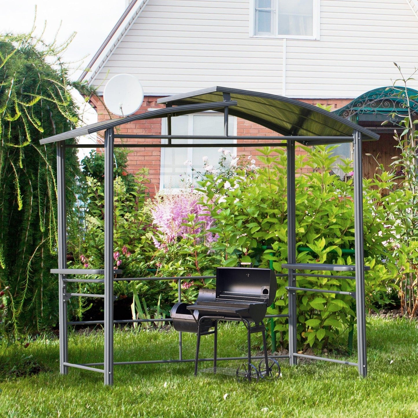 Outdoor and Garden-8x5ft Grill Gazebo Shelter with Interlaced Vented Polycarbonate Roof, Outdoor BBQ Gazebo with Side Shelves for Hanging Tools - Outdoor Style Company