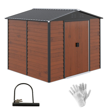 Outdoor and Garden-8x7 FT Outdoor Storage Shed, Waterproof Metal Garden Tool Shed with 2 Sliding Lockable Doors, Floor Frame & Vents for Backyard, Lawn, Teak - Outdoor Style Company