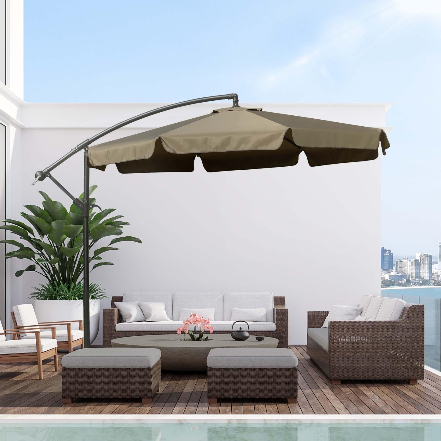 Outdoor and Garden-9' Offset Hanging Patio Umbrella, Cantilever Umbrella with Easy Tilt Adjustment, Cross Base and 8 Ribs for Poolside, Lawn, Coffee - Outdoor Style Company