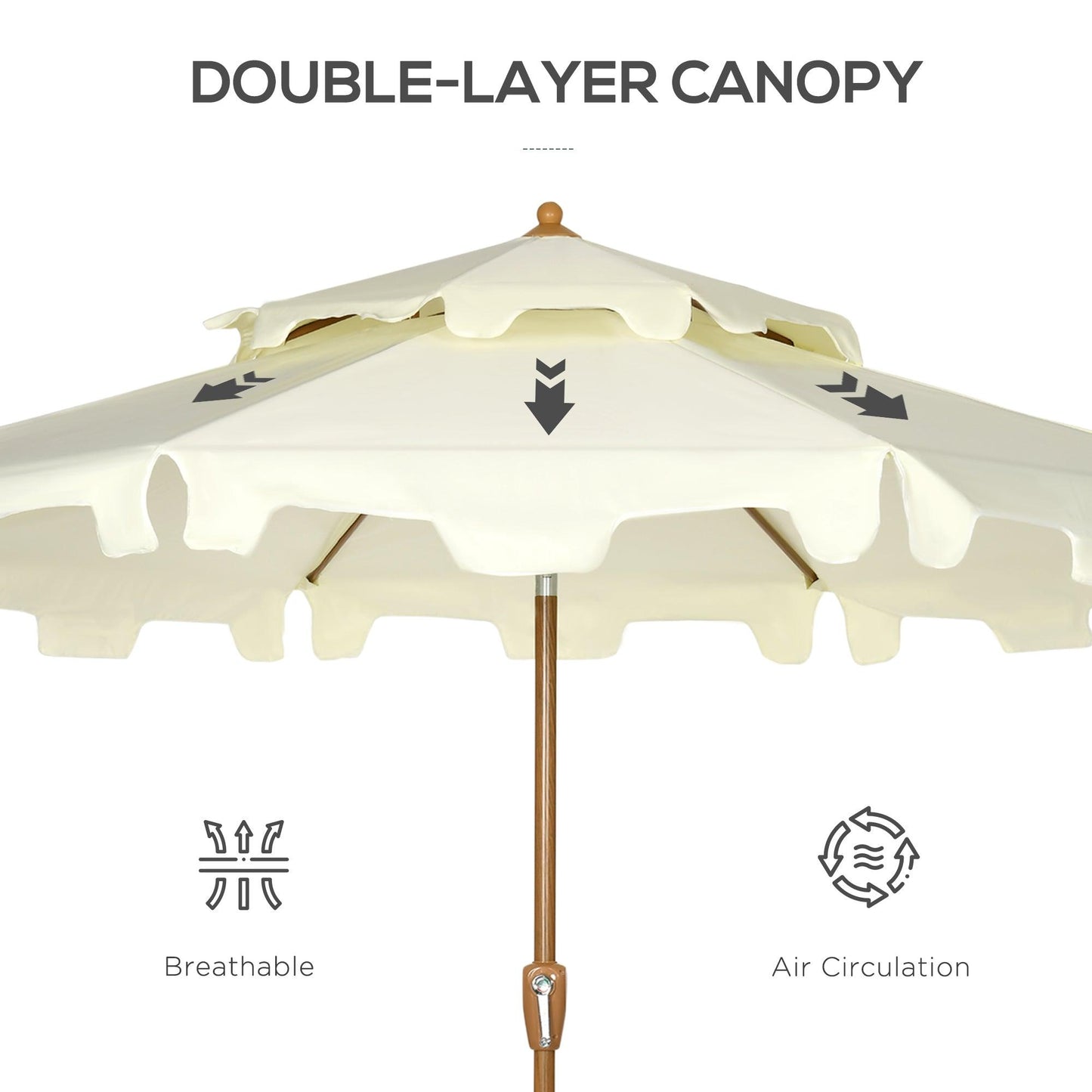 Outdoor and Garden-9' Patio Umbrella with Push Button Tilt and Crank, Double Top Ruffled Outdoor Table Umbrella with 8 Ribs for Garden, Deck, Pool, Cream White - Outdoor Style Company