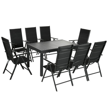 Outdoor and Garden-9 Pieces Patio Dining Set for 8, Aluminum Expandable Outdoor Table, Folding and Reclining Padded High Back Chair, Mesh Fabric Seats, Black - Outdoor Style Company