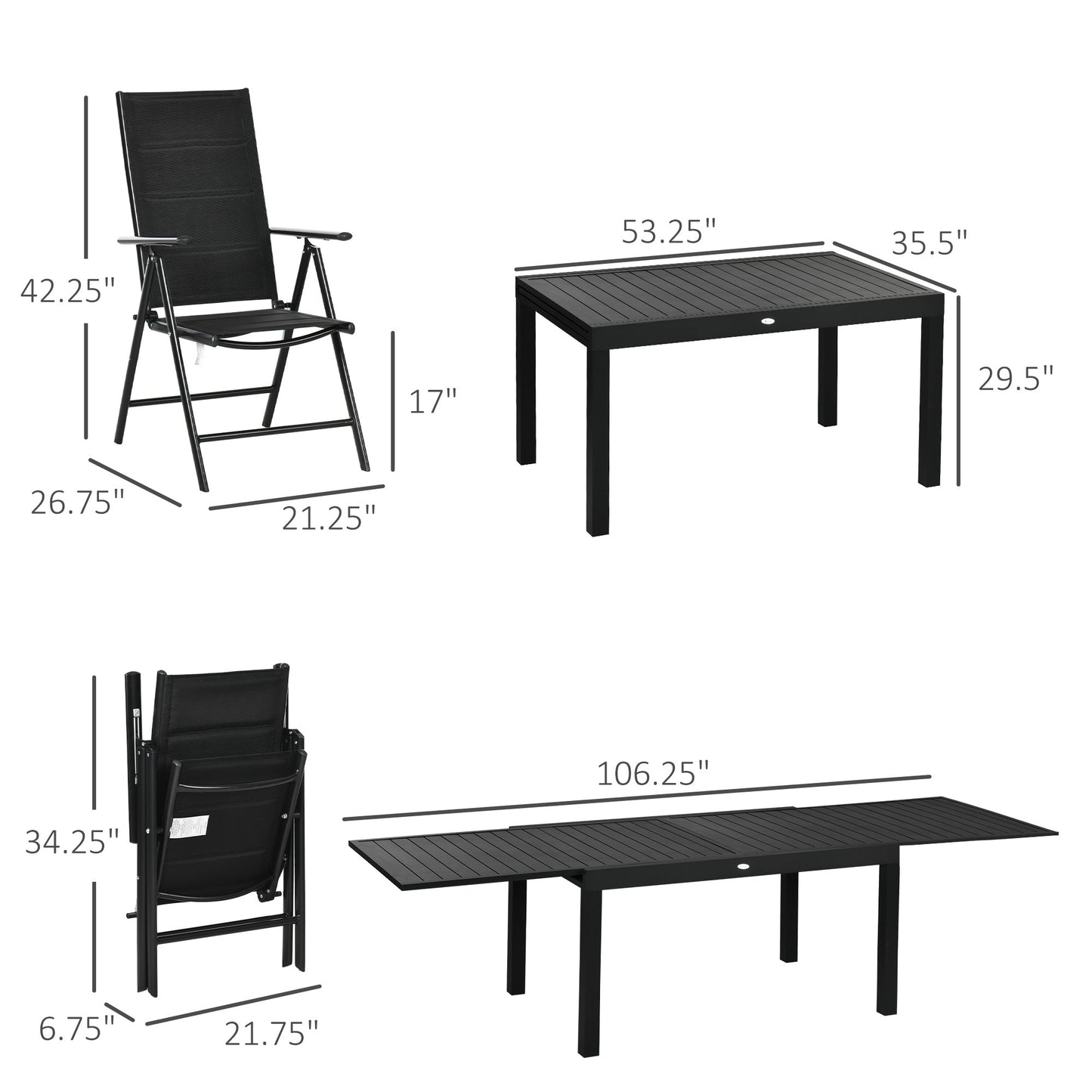 Outdoor and Garden-9 Pieces Patio Dining Set for 8, Aluminum Expandable Outdoor Table, Folding and Reclining Padded High Back Chair, Mesh Fabric Seats, Black - Outdoor Style Company