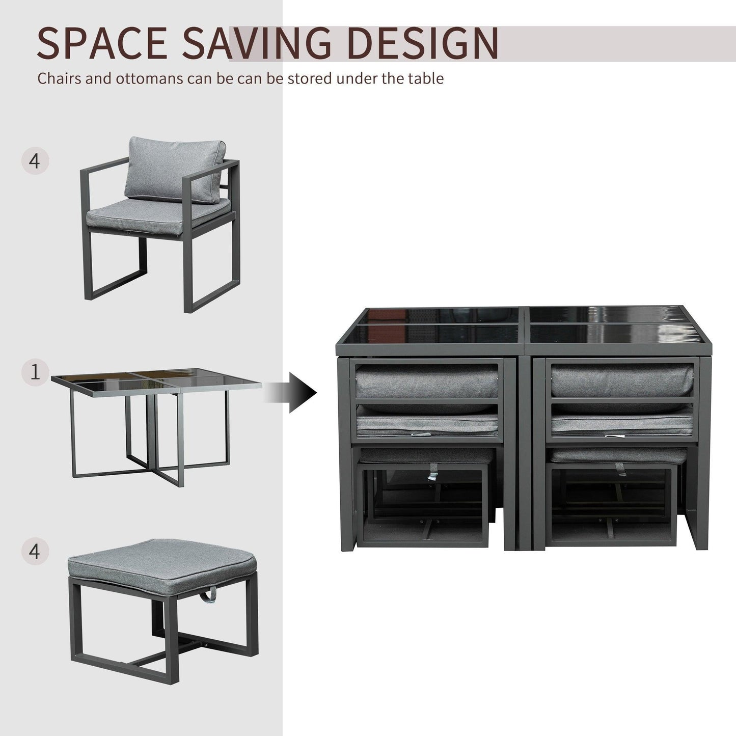 Outdoor and Garden-9 Pieces Patio Dining Sets with 4 Chairs, 4 Ottoman and Glass Table, Cushioned Seating and Back, Aluminum Frame, Space Saving for Lawn - Outdoor Style Company