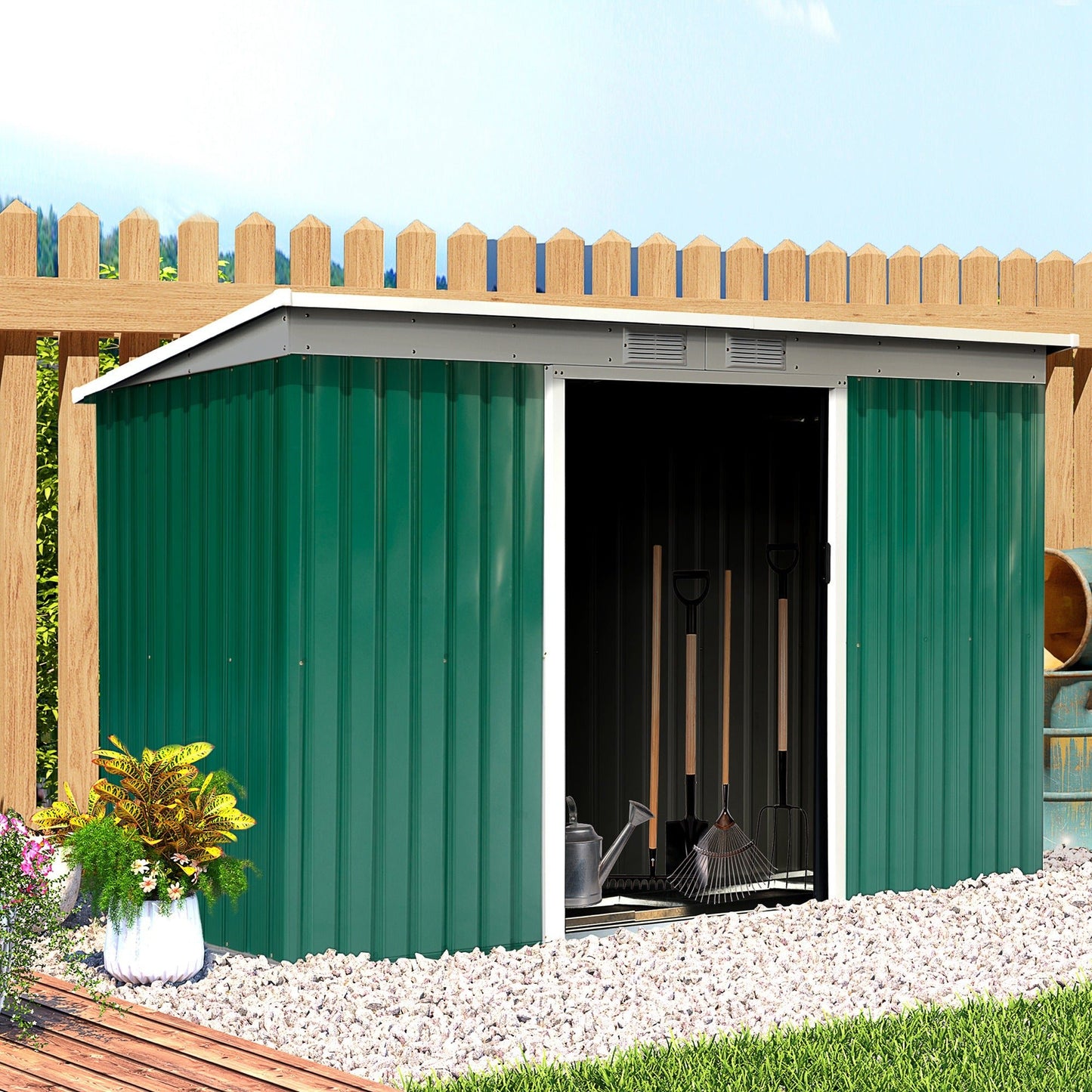 Outdoor and Garden-9' x 4.5' x 5.5' Outdoor Rust Resistant Metal Garden Vented Storage Shed Metal Tool Storage House - Green/White - Outdoor Style Company