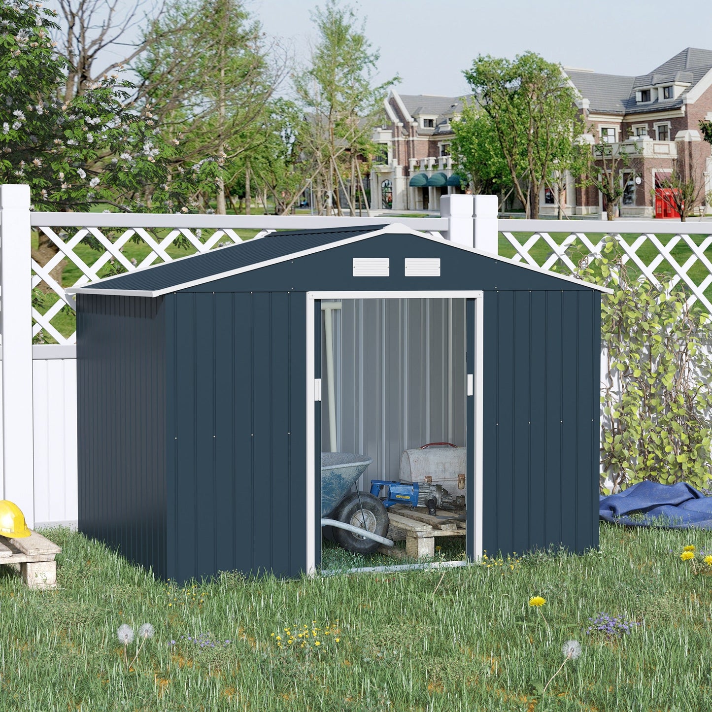 Outdoor and Garden-9' x 6' Metal Storage Shed Garden Tool House with 2 Sliding Doors, 4 Air Vents for Backyard, Patio & Lawn, Dark Gray - Outdoor Style Company