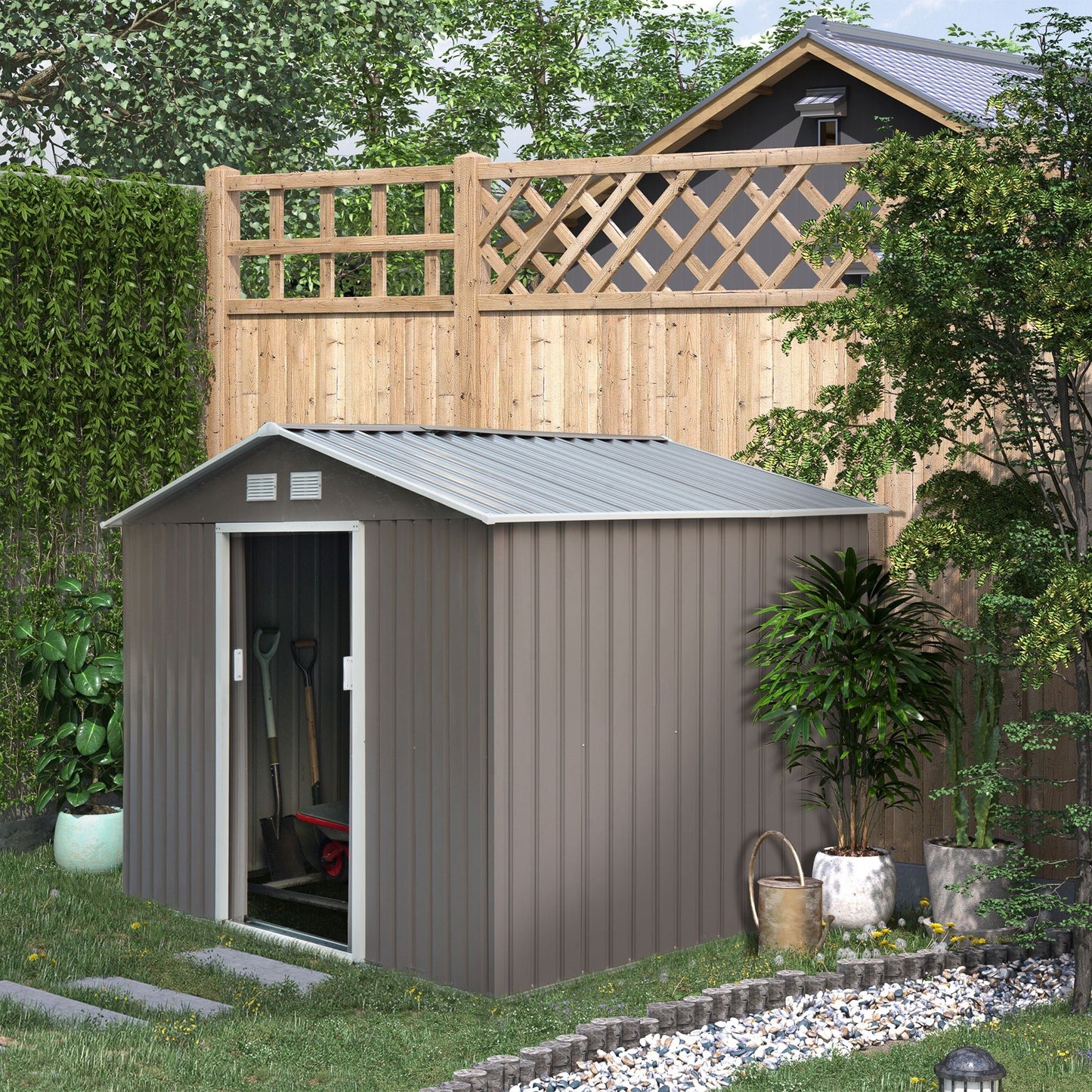 Outdoor and Garden-9' x 6' Metal Storage Shed Garden Tool House with 2 Sliding Doors & 4 Air Vents for Backyard, Patio, Lawn, Grey - Outdoor Style Company
