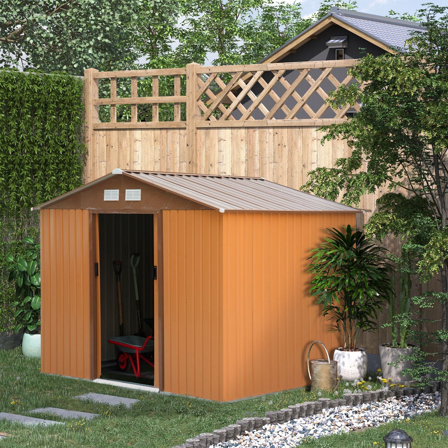 Outdoor and Garden-9' x 6' Metal Storage Shed Garden Tool House with Double Sliding Doors, 4 Air Vents for Backyard, Patio & Lawn, Brown - Outdoor Style Company