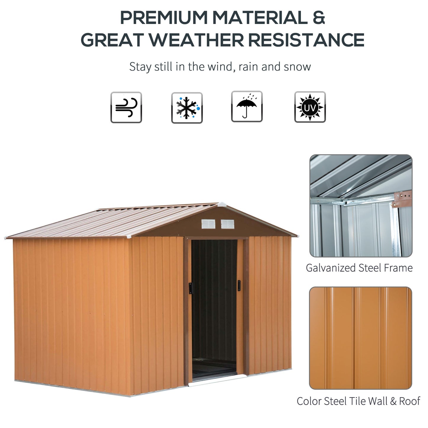 Outdoor and Garden-9' x 6' Metal Storage Shed Garden Tool House with Double Sliding Doors, 4 Air Vents for Backyard, Patio & Lawn, Brown - Outdoor Style Company