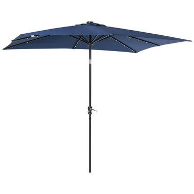 Outdoor and Garden-9' x 7' Patio Umbrella, Outdoor Table Market Umbrella with Crank, Solar LED Lights, 45° Tilt & Push-Button Operation for Deck, Pool, Blue - Outdoor Style Company