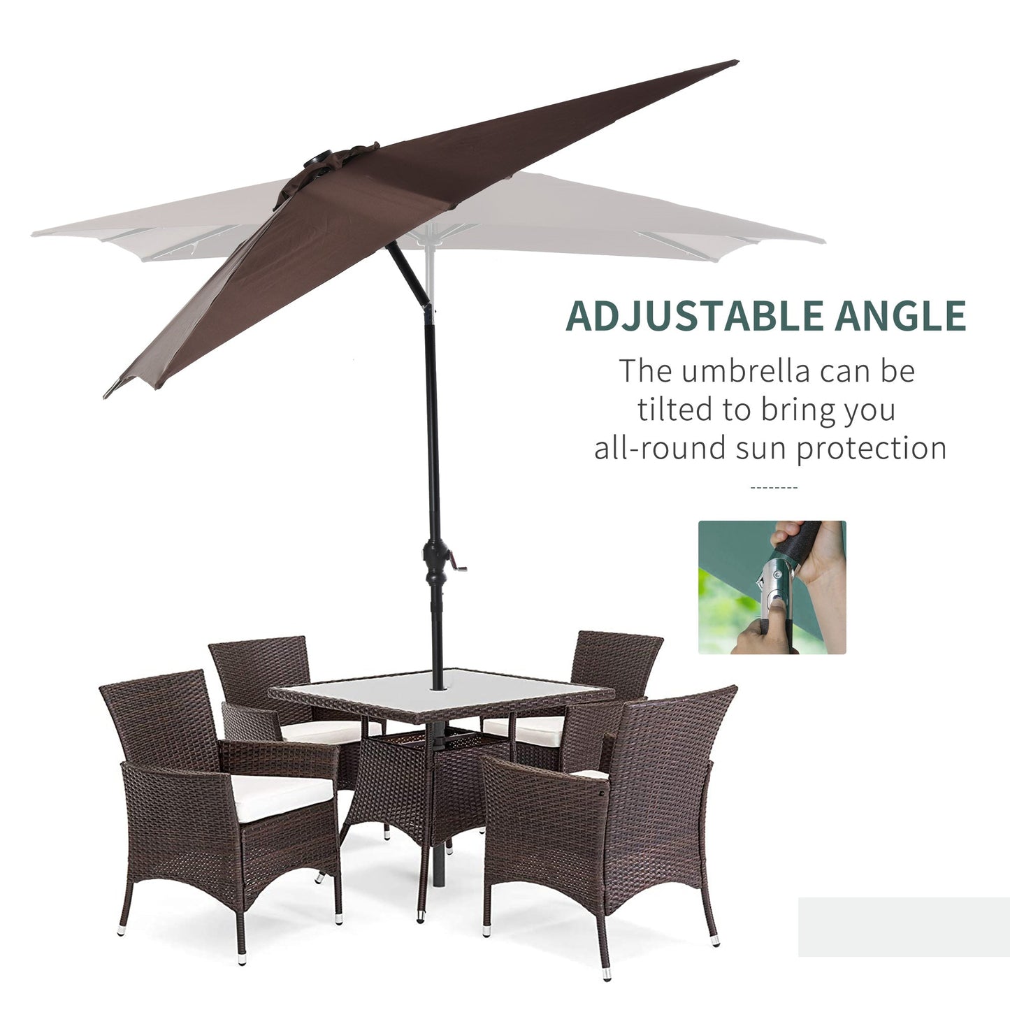 Outdoor and Garden-9' x 7' Patio Umbrella Outdoor Table Market Umbrella with Crank, Solar LED Lights, 45° Tilt, Push-Button Operation, for Deck, Pool, Brown - Outdoor Style Company