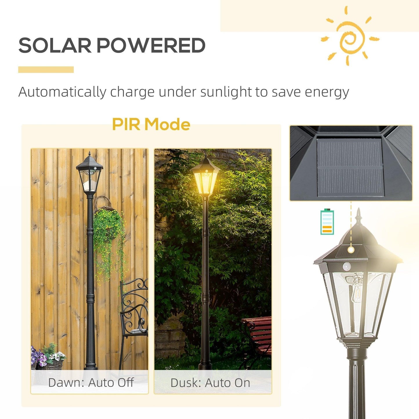 Outdoor and Garden-94.5" Outdoor Solar Lamp Post Light, Aluminum Floor Lamp, Solar Powered Vintage Street Light for Garden, Lawn, Pathway, Driveway, Black - Outdoor Style Company