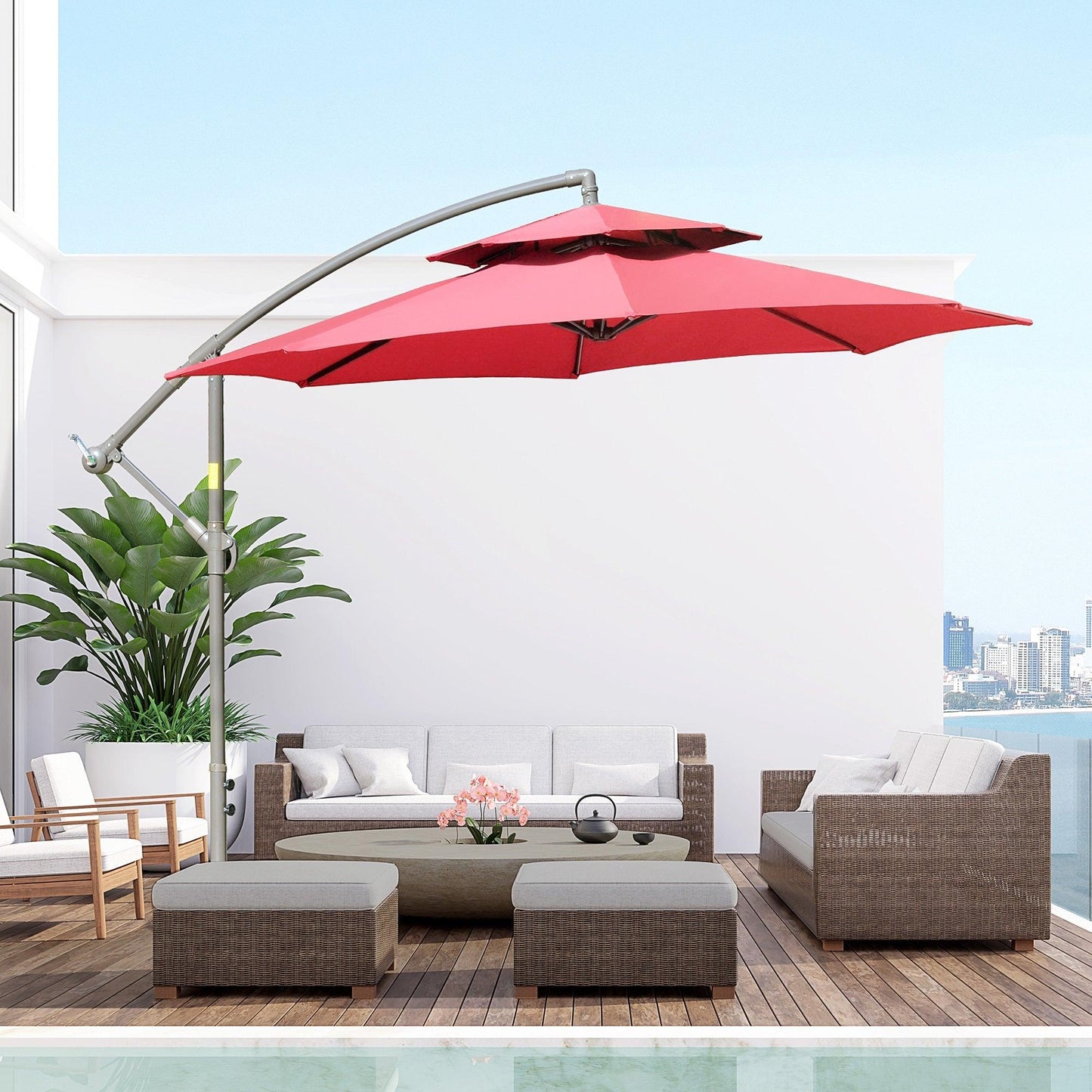 Outdoor and Garden-9FT Patio Cantilever Umbrella with Cross Base, Offset Hanging Umbrella with Crank Handle and 8 Ribs for Garden Backyard Beach, Red - Outdoor Style Company