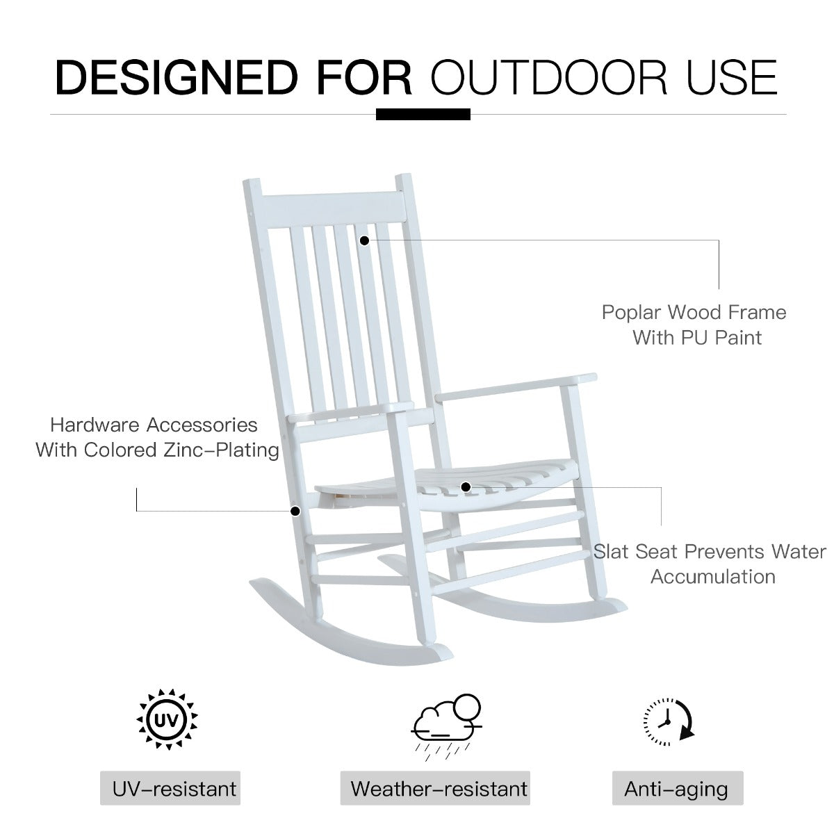 Wooden Outdoor Rocking Chair, High Back All Weather Porch Rocking Chair, Slatted for Indoor, Backyard & Patio, White