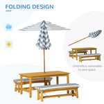 Kids Wooden Table Bench Set with Cushions, Outdoor Picnic Furniture with Removable Umbrella, for Backyard, Garden, Aged 3-8 Years Old, Yellow