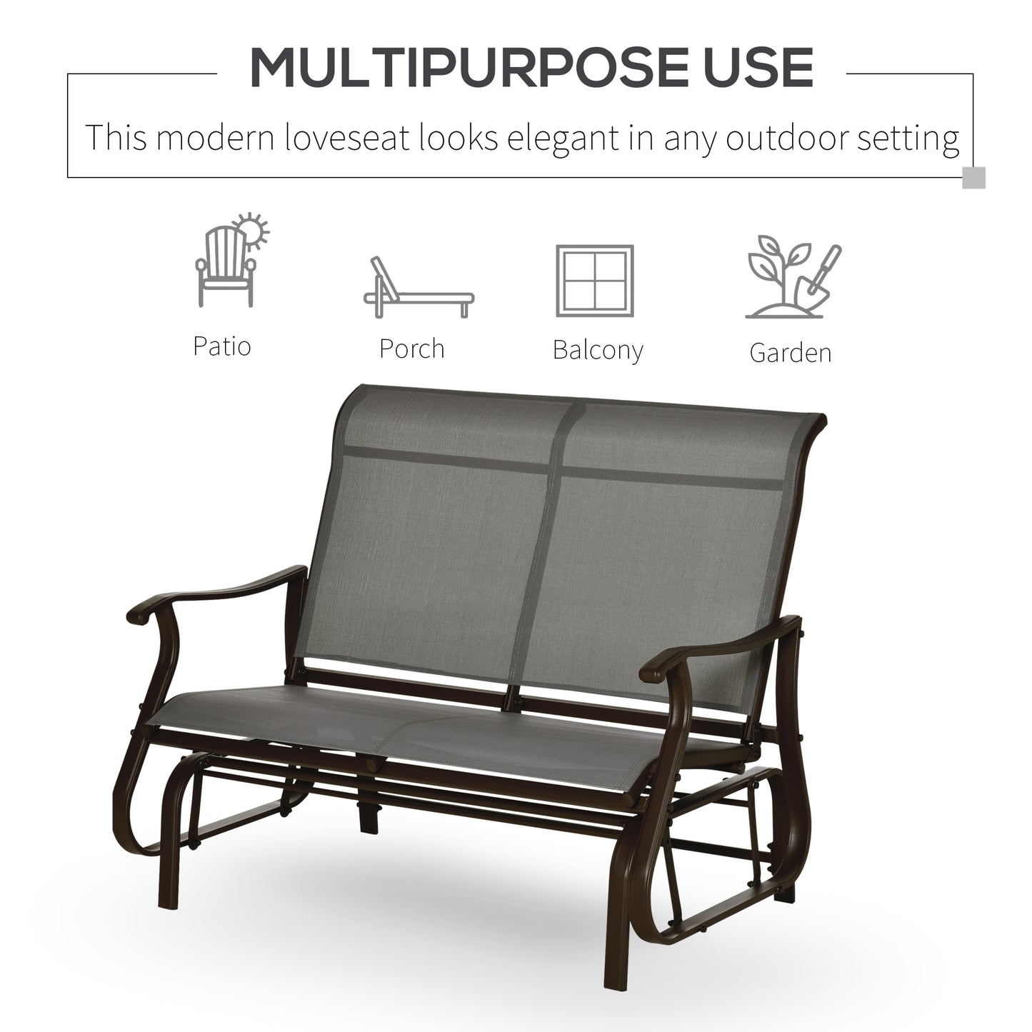 47" Outdoor Double Glider Bench, Patio Glider Armchair for Backyard with Mesh Seat and Backrest, Steel Frame, Mixed Grey