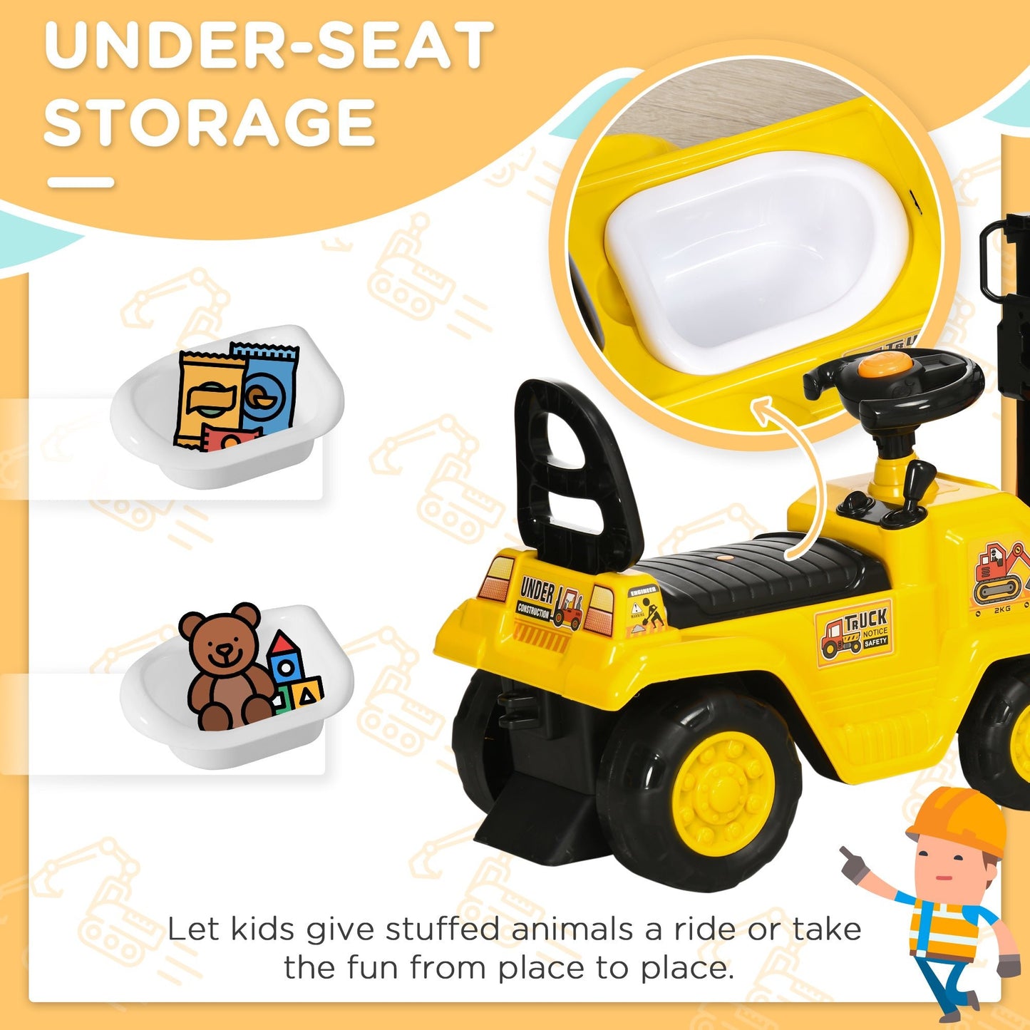 -Aosom Kids Ride on Forklift with Fork and Tray, Kids Ride on Tractor with Under Seat Storage, No Power Kids Construction Truck, Gifts for Age 3-4 - Outdoor Style Company