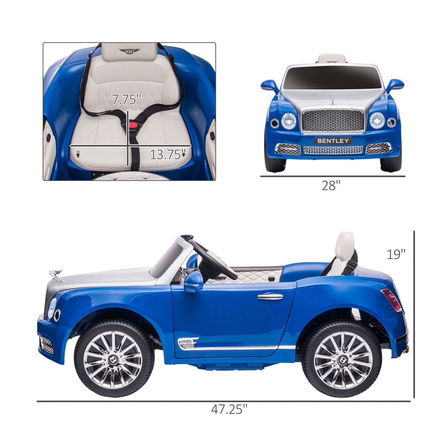Toys and Games-Bentley 12V Remote Control Ride on Car, Kids Battery Powered Car with LED Lights, MP3, Horn, Music & 2 Motors for Toddler 37-72 Months, Blue - Outdoor Style Company