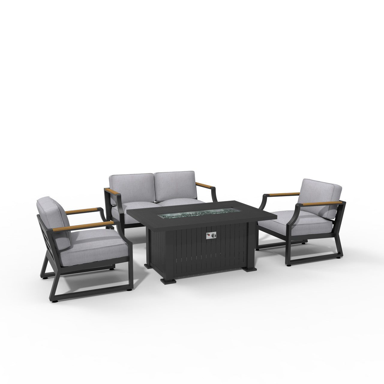 -Black Outdoor Patio Rectangle Fire Pit Conversation Set with Gray Cushions - Outdoor Style Company