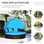 Outdoor and Garden-Blue, 4pc Rattan Patio Furniture Set, Round Convertible Daybed or Sunbed, Adjustable Sun Canopy, Sectional Sofa, 2 Chairs, Table, 3 Pillows - Outdoor Style Company