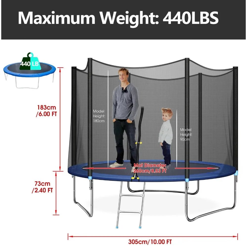 -Blue Trampoline With Enclosure and Wind Stakes - 10 Ft Trampoline Sports and Entertainment - Outdoor Style Company
