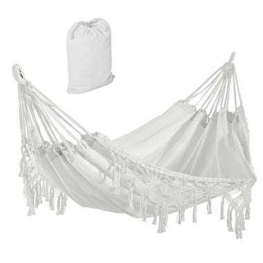 Outdoor and Garden-Brazilian Style Hammock Extra Large Cotton Hanging Camping Bed with Carrying Bag, for Patio Backyard Poolside, Weight Capacity 330lbs, White - Outdoor Style Company