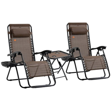 Outdoor and Garden-Brown, Zero Gravity Lounger Chair Set of 3, Folding Reclining Patio Chair with Side Table, Cup Holder and Headrest for Poolside, Camping - Brown - Outdoor Style Company