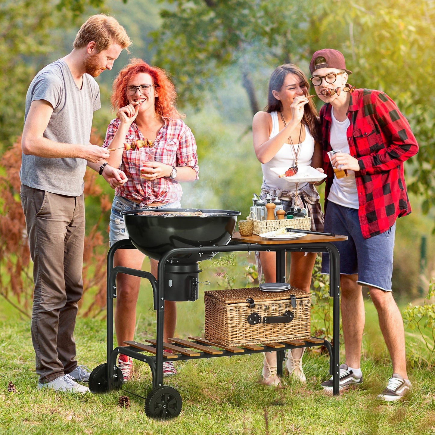 Outdoor and Garden-Charcoal Grill BBQ, 21-Inch Rolling Backyard Barbecue with Chopping Block Table, a Cutting Board, Shelf, Wheels, Vents & Thermometer, Black - Outdoor Style Company