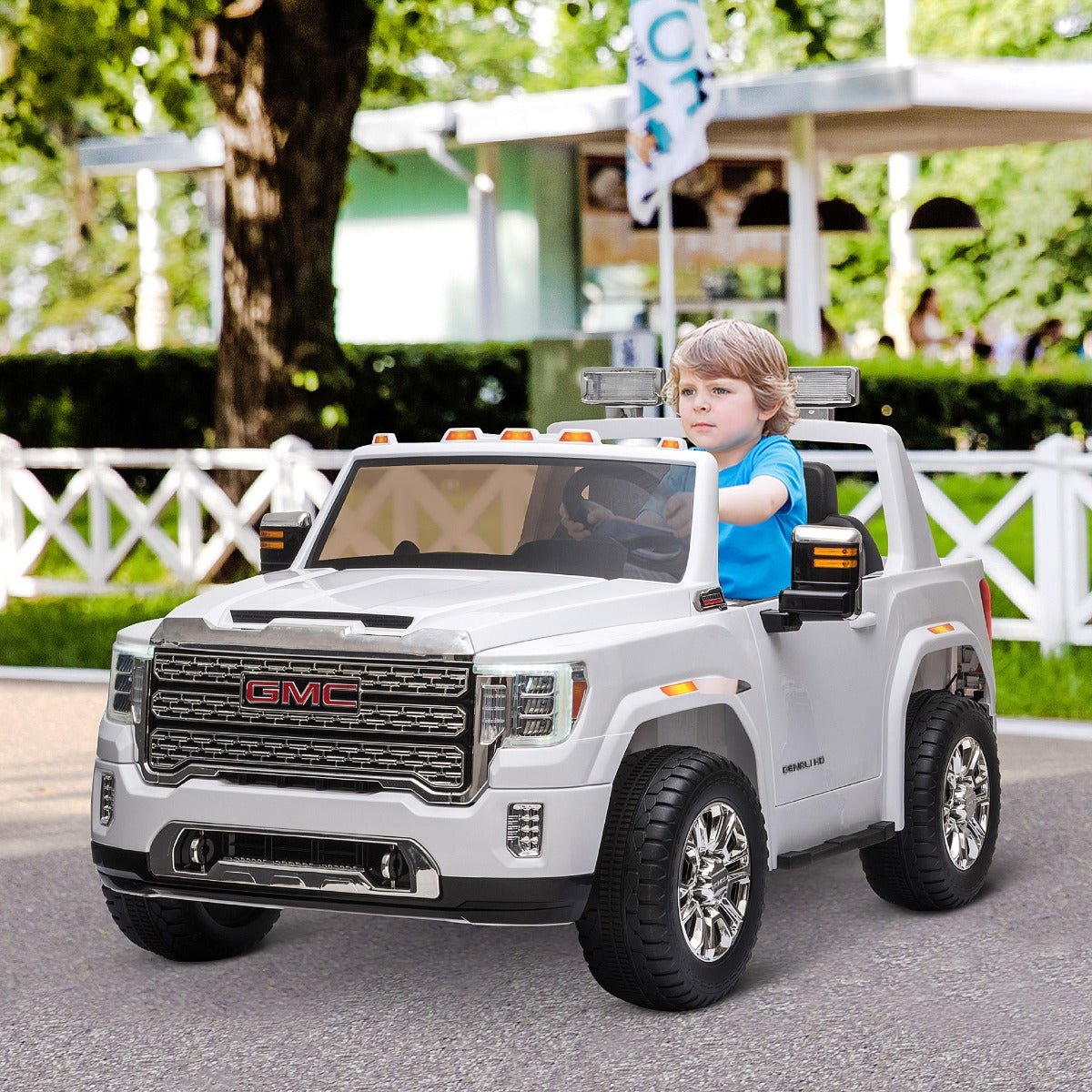 Toys and Games-Compatible 12V Battery-powered Kids Electric Ride On Car GMC Sierra HD Pickup Truck Toy with Parental Remote Control for 3-8 White - Outdoor Style Company
