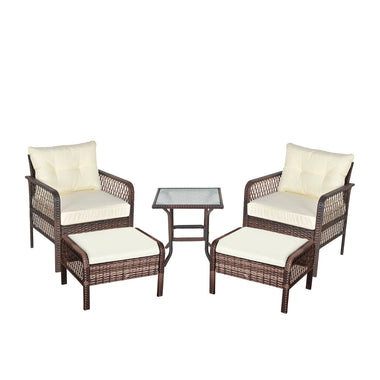Outdoor and Garden-Cream White, 5-Piece Outdoor PE Rattan Wicker Patio All Weather Conversation Sofa Furniture Set with 2 Cushioned Armchair, 2 Ottomans and Coffee Table - Outdoor Style Company