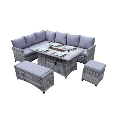 -Direct Wicker 5-Piece Gray Wicker Outdoor Conversational Sofa Set with Fire Pit Table - Outdoor Style Company
