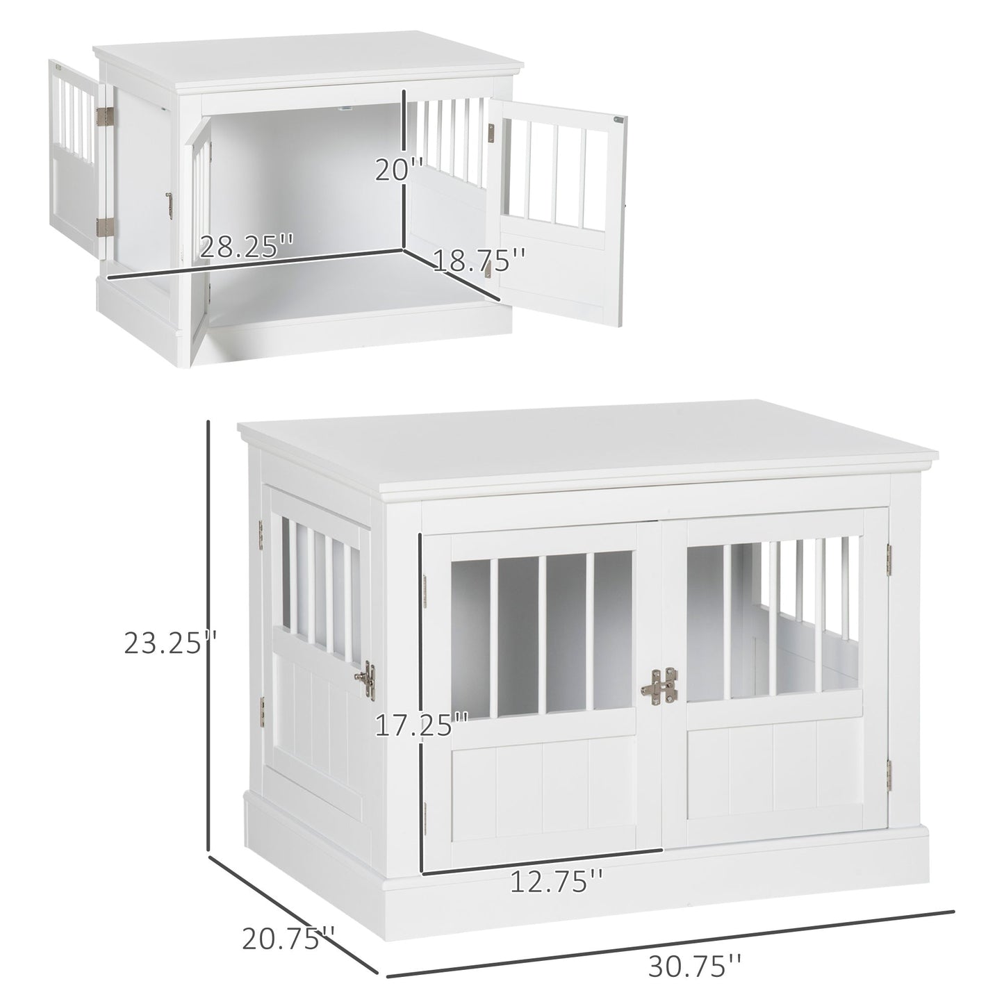 Pet Supplies-Dog Crate End Table with 3 Doors, Wooden Dog Crate Furniture, Indoor Puppy Kennel with Steel Tubes for Small Dogs, White - Outdoor Style Company