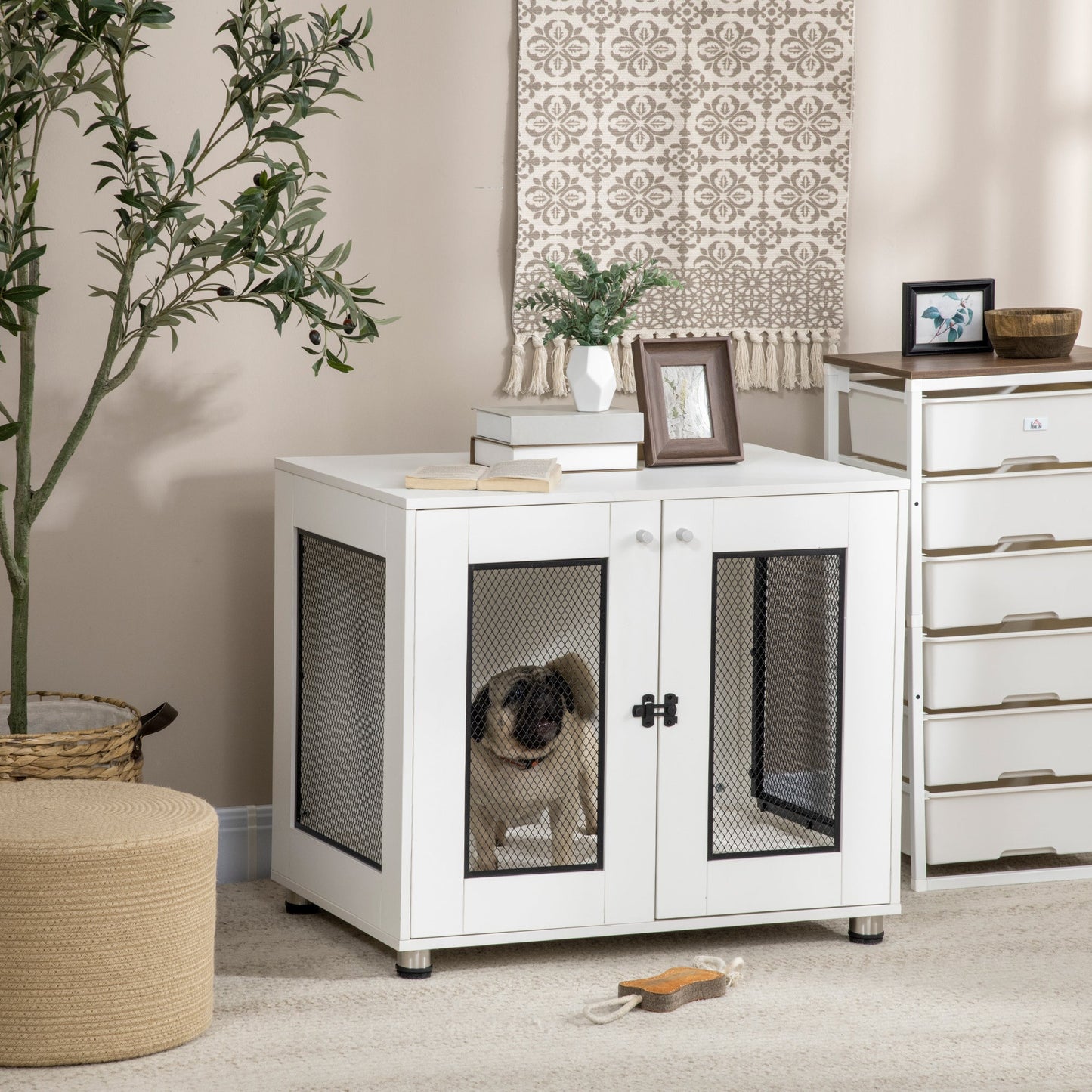 Pet Supplies-Dog Crate End Table with Water-resistant Cushion, Dog Cage End Table with Double Doors, Indoor Pet Crate for Small Medium Dogs, White - Outdoor Style Company