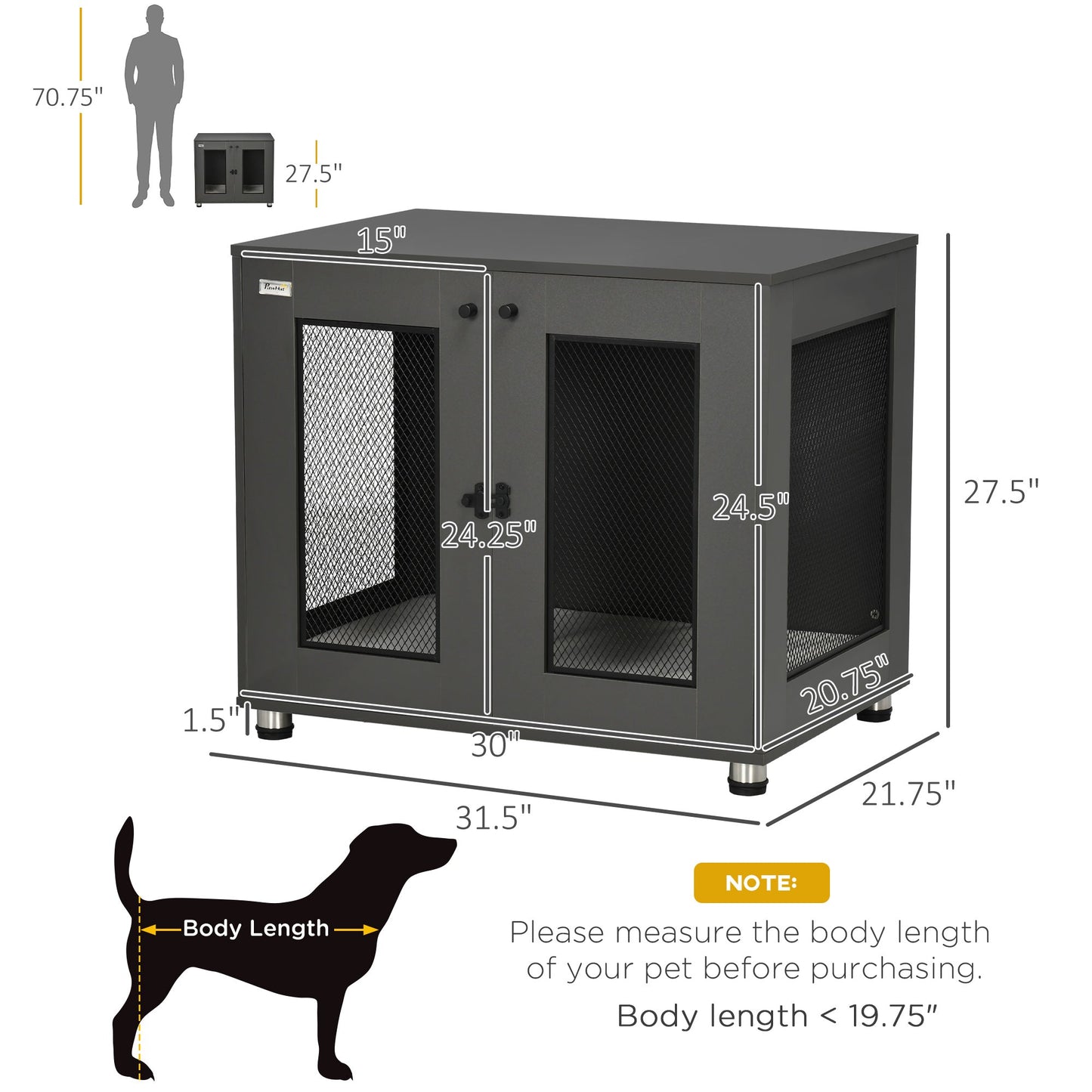 Pet Supplies-Dog Crate Furniture, Indoor Dog Kennel for Small Medium Dogs with Double Doors, 31.5" x 21.75" x 27.5", Gray - Outdoor Style Company