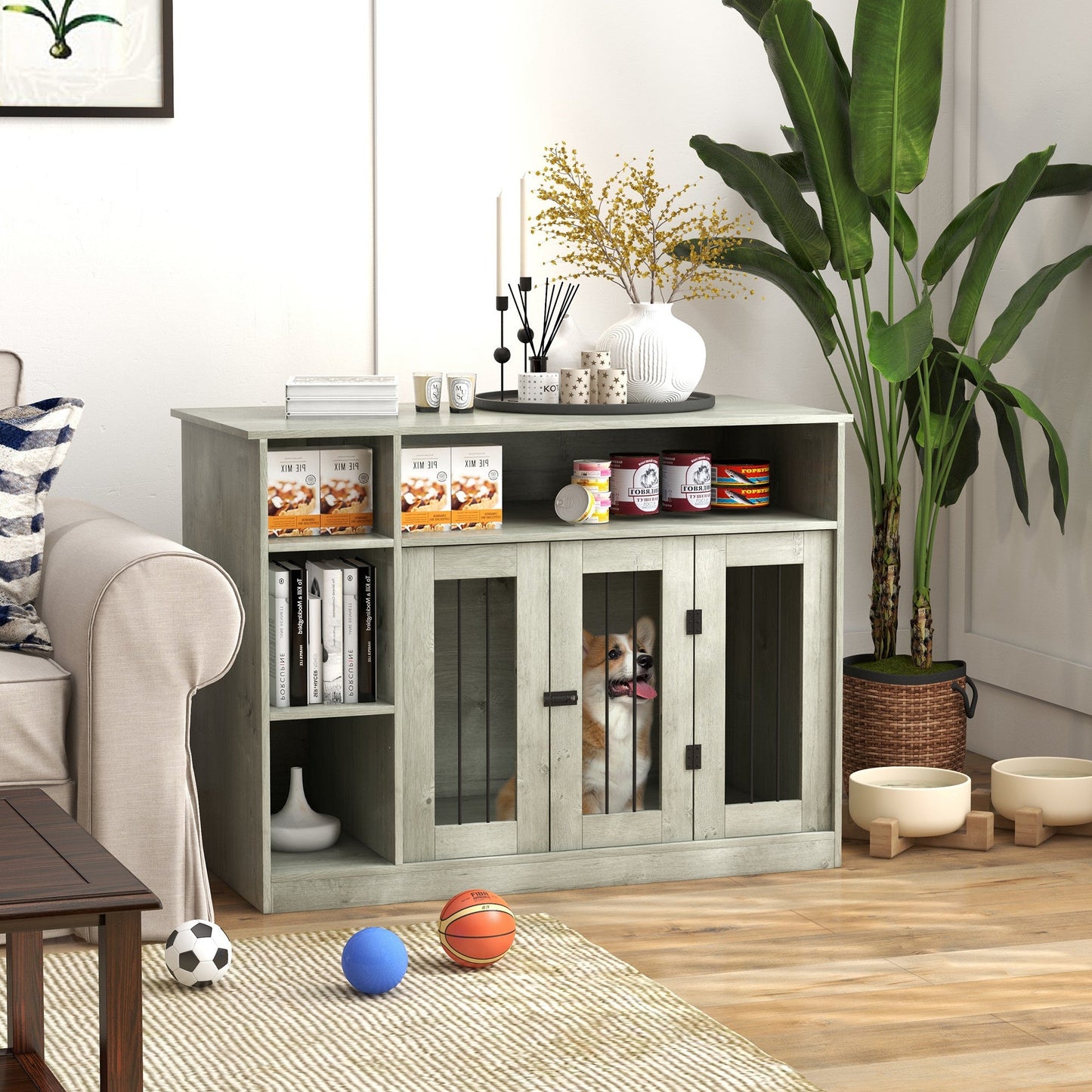 Pet Supplies-Dog Crate Furniture Table with Storage Space, Dog Kennel with Lockable Door, Pet Cage for Large Medium Dogs, 47" x 23.5" x 35", Gray - Outdoor Style Company