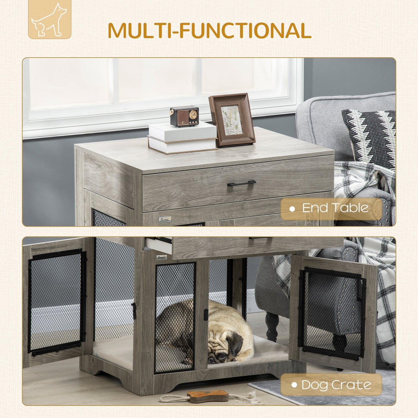 Pet Supplies-Dog Crate Furniture with Soft Water-Resistant Cushion, Dog Crate End Table with Drawer & 2 Doors, Puppy Crate for Small Dogs, Gray - Outdoor Style Company