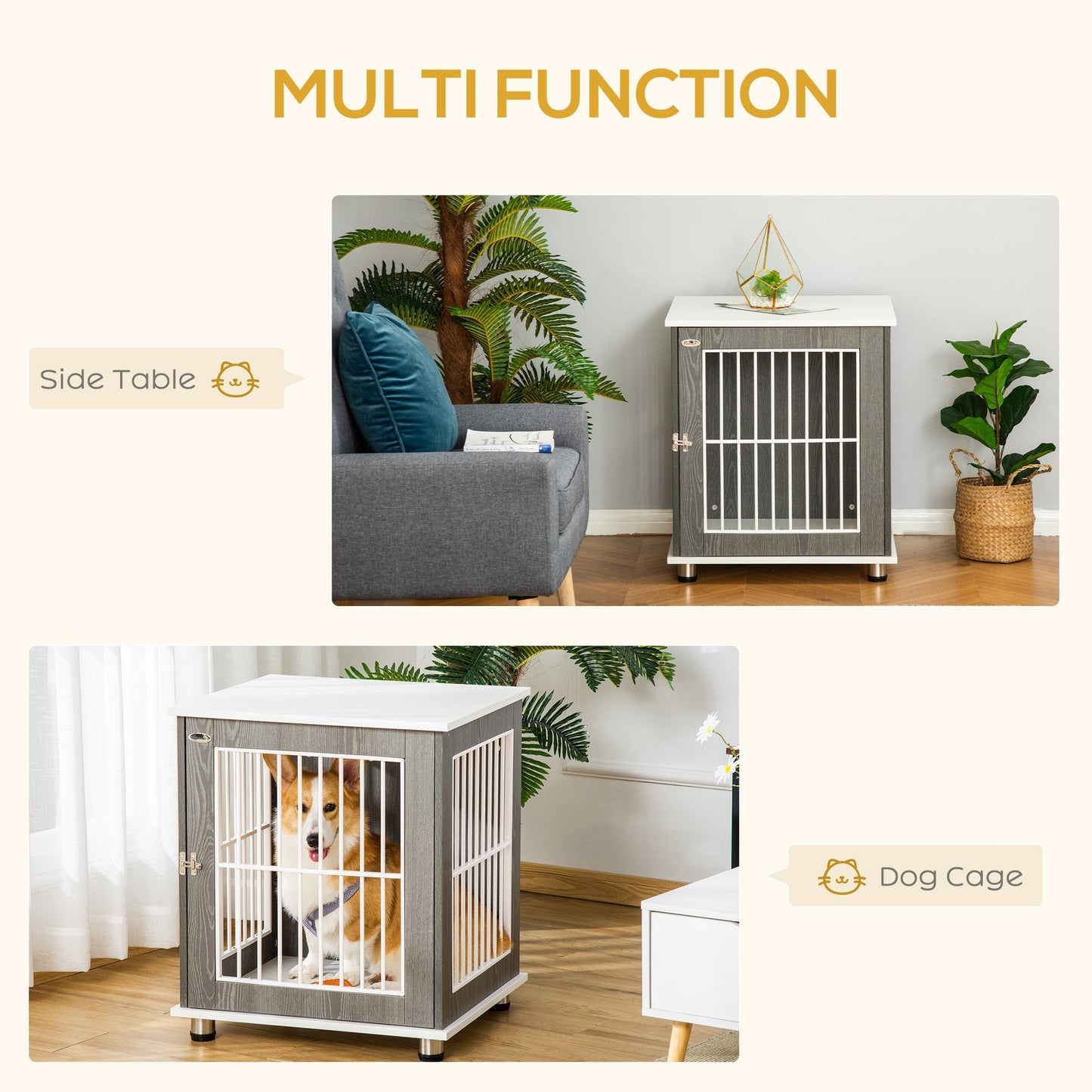 Pet Supplies-Dog Crate Pet Cage Kennel End Table Furniture Style, Indoor Dog kennel with Wooden Top & Adjustable Feet for Small Dogs, Gray - Outdoor Style Company