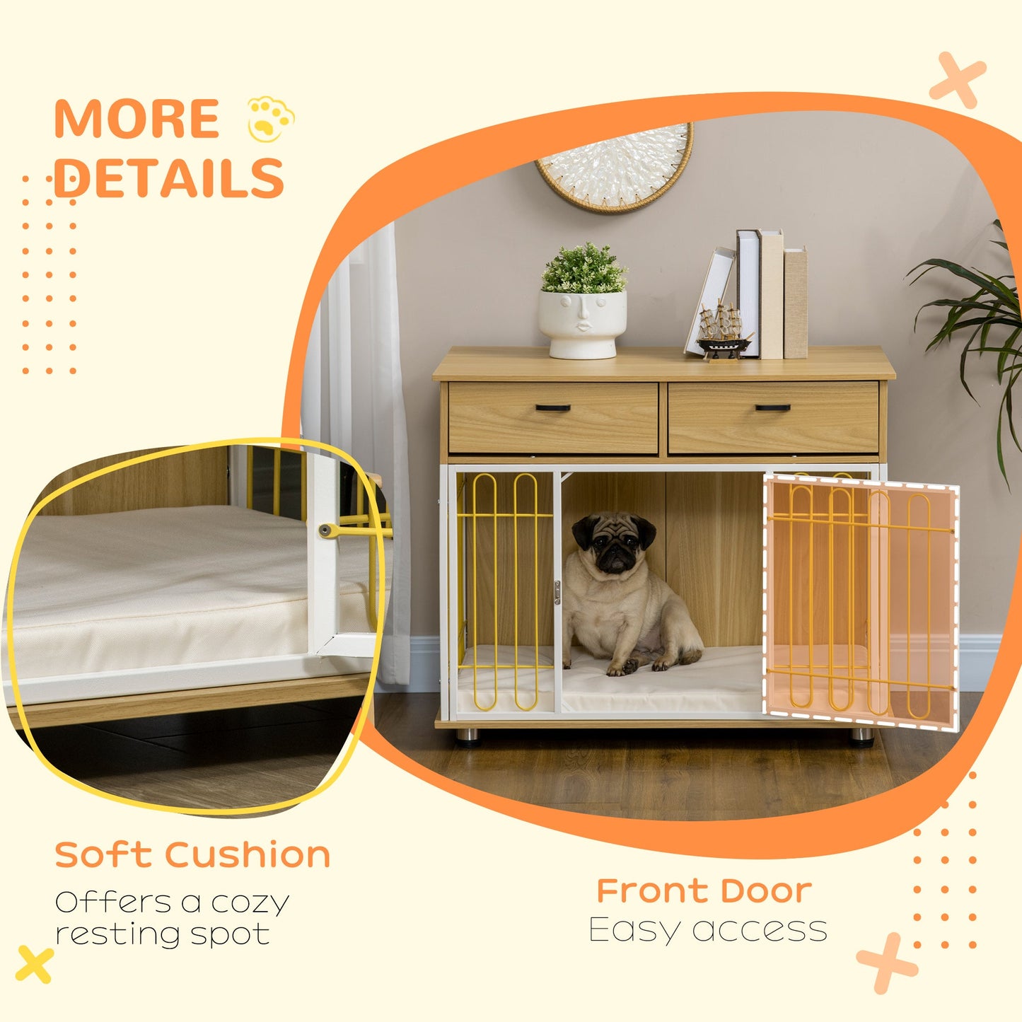 Pet Supplies-Dog Crate Side End Table, Dog Kennel Furniture with Drawers, Soft Cushion & Lockable Door, for Small and Medium Dogs, Oak - Outdoor Style Company