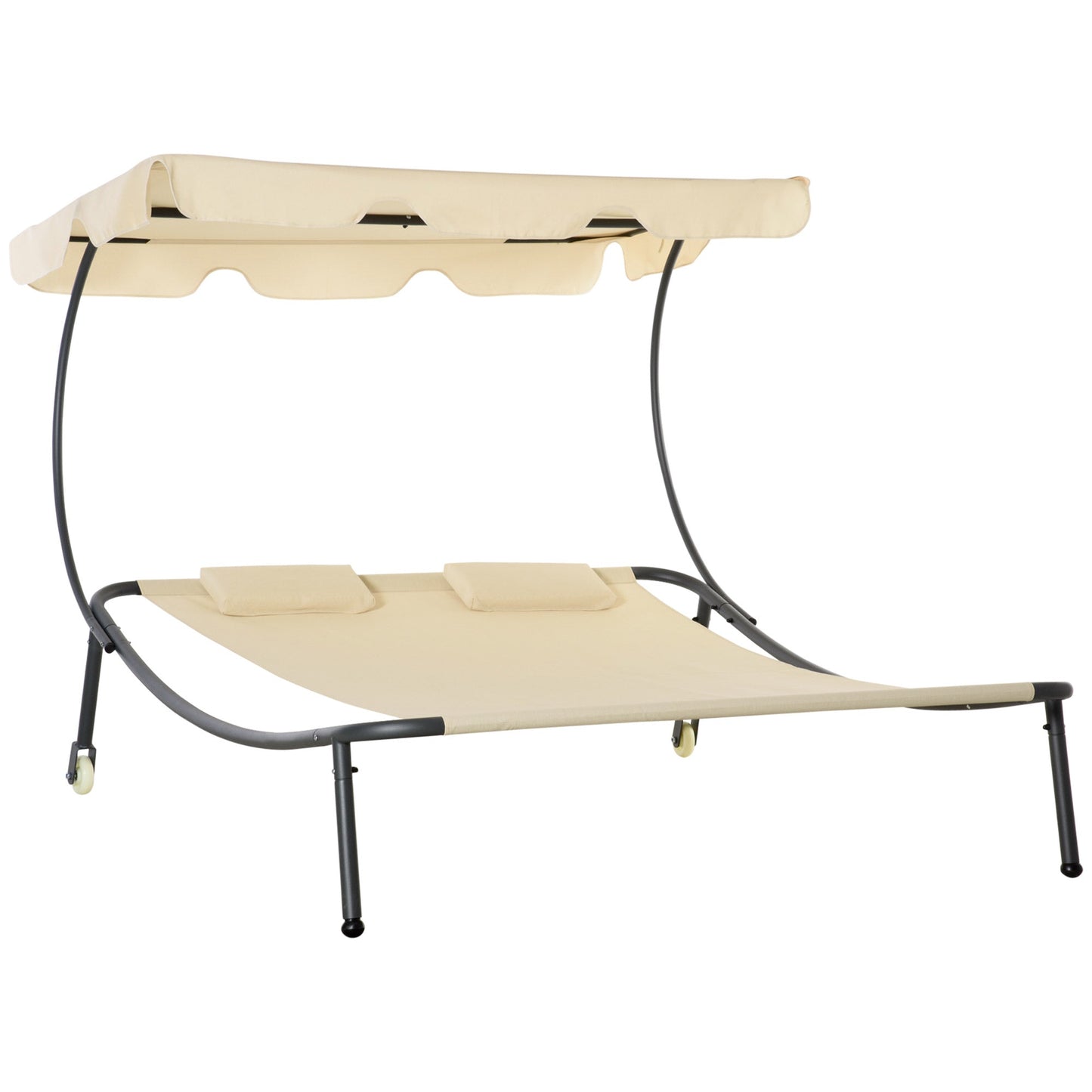 Outdoor and Garden-Double Chaise Lounge Chair Outdoor with Adjustable Canopy and Pillow, Hammock Bed Daybed for Patio, Garden, Poolside, Beige - Outdoor Style Company