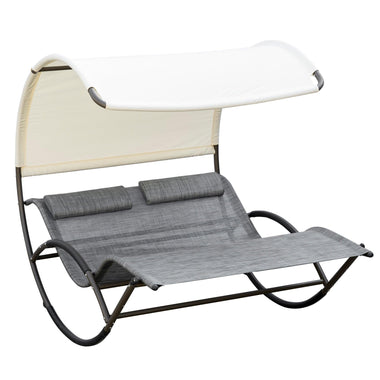 Outdoor and Garden-Double Outdoor Rocking Bed, Patio Chaise Sun Lounger Bed for Two Person with Canopy, Detachable Headrestfor Sun Room, Garden, Poolside, Light Gray - Outdoor Style Company