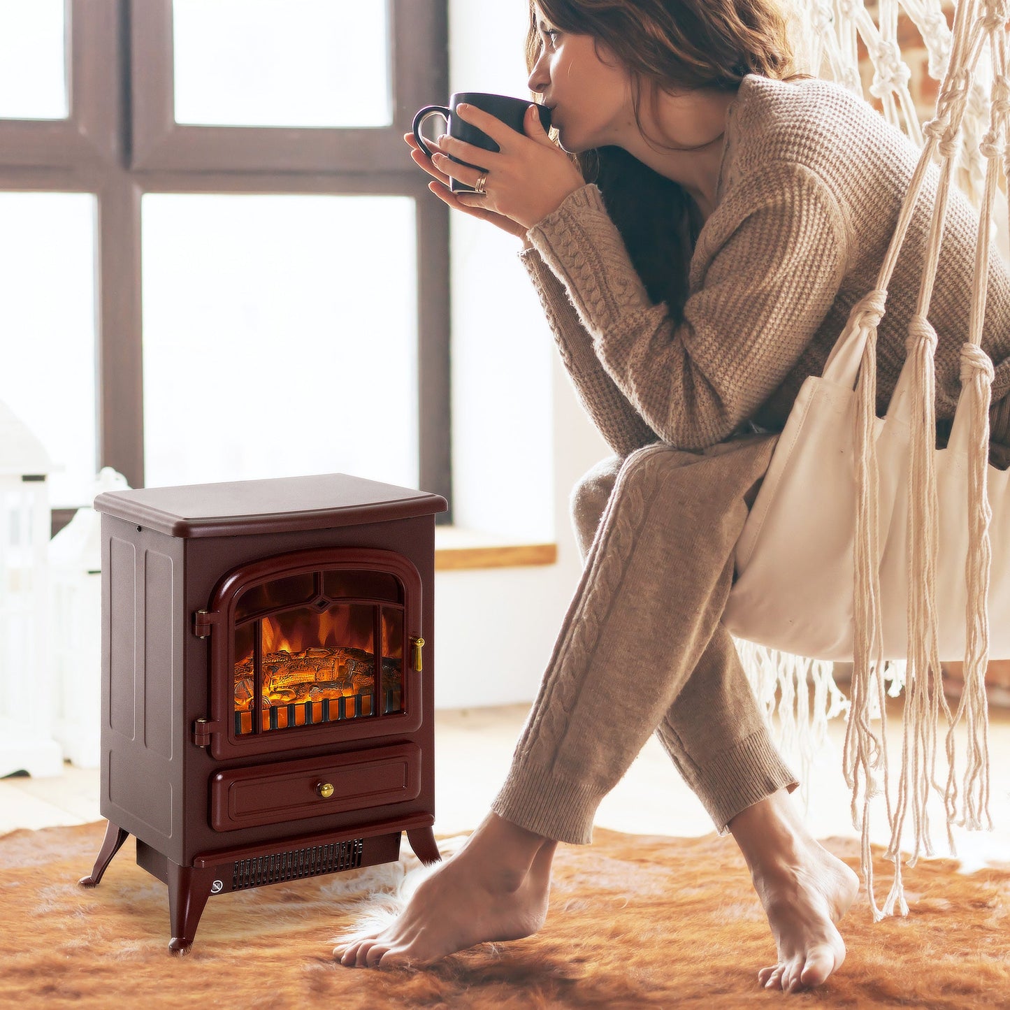 Miscellaneous-Electric Fireplace Heater, Free Standing Electric Fireplace with Realistic LED Flames and Logs, and Overheating Protection, 750W/1500W, Red - Outdoor Style Company