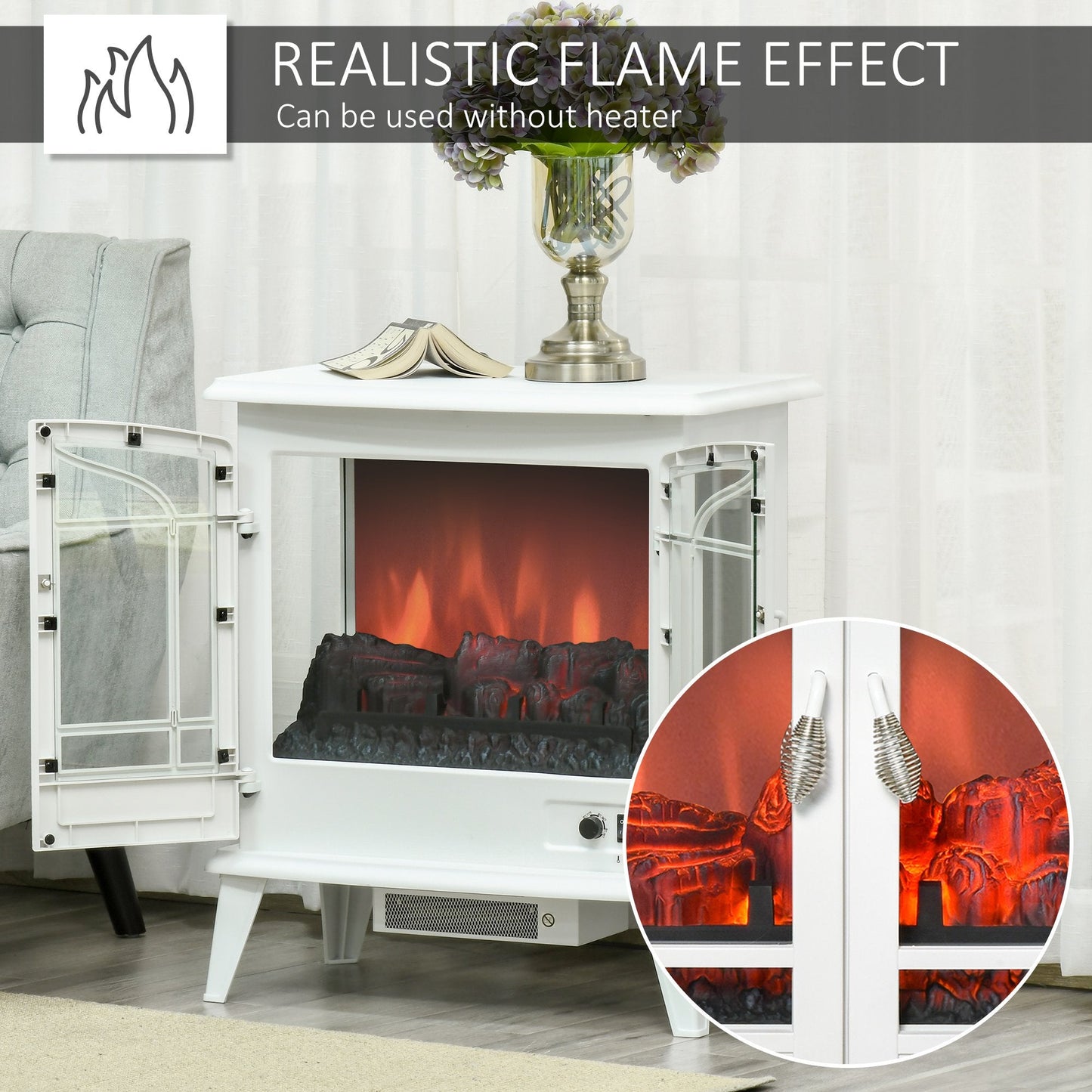 Miscellaneous-Electric Fireplace Heater, Freestanding Fireplace Stove with Realistic LED Log Flames and Overheating Safety Protection, 1400W, White - Outdoor Style Company