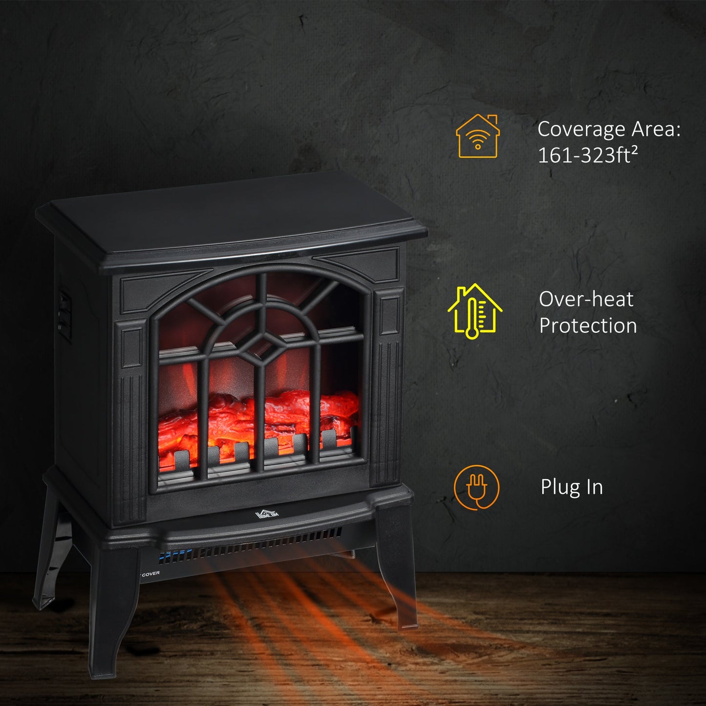 Miscellaneous-Electric Fireplace Heater, Freestanding Fireplace Stove with Realistic LED Log Flames and Remote Control, 750/1500W, Black - Outdoor Style Company