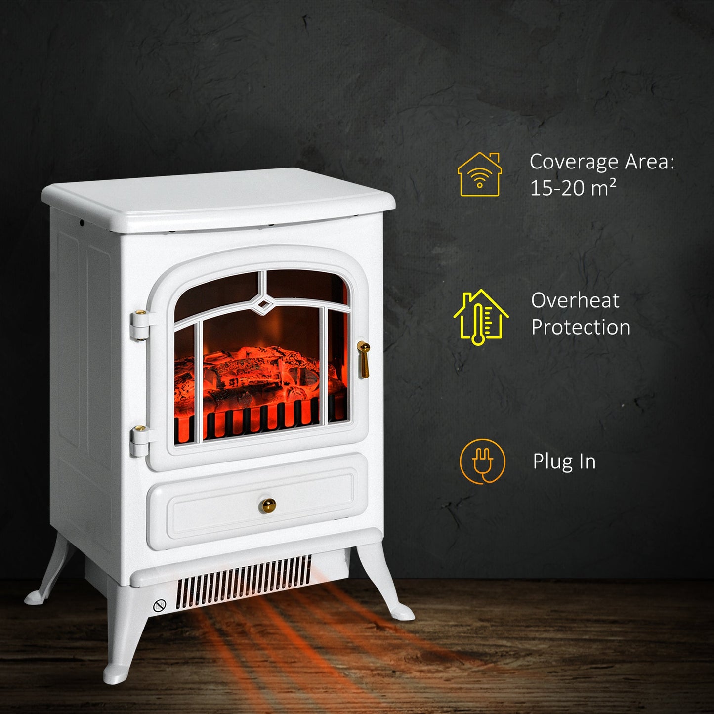 Miscellaneous-Electric Fireplace Heater, White Fireplace Stove with Realistic LED Log Flames and Overheating Safety Protection, 750/1500W - Outdoor Style Company