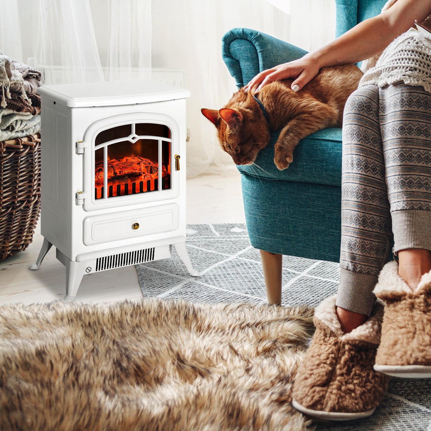 Miscellaneous-Electric Fireplace Heater, White Fireplace Stove with Realistic LED Log Flames and Overheating Safety Protection, 750/1500W - Outdoor Style Company