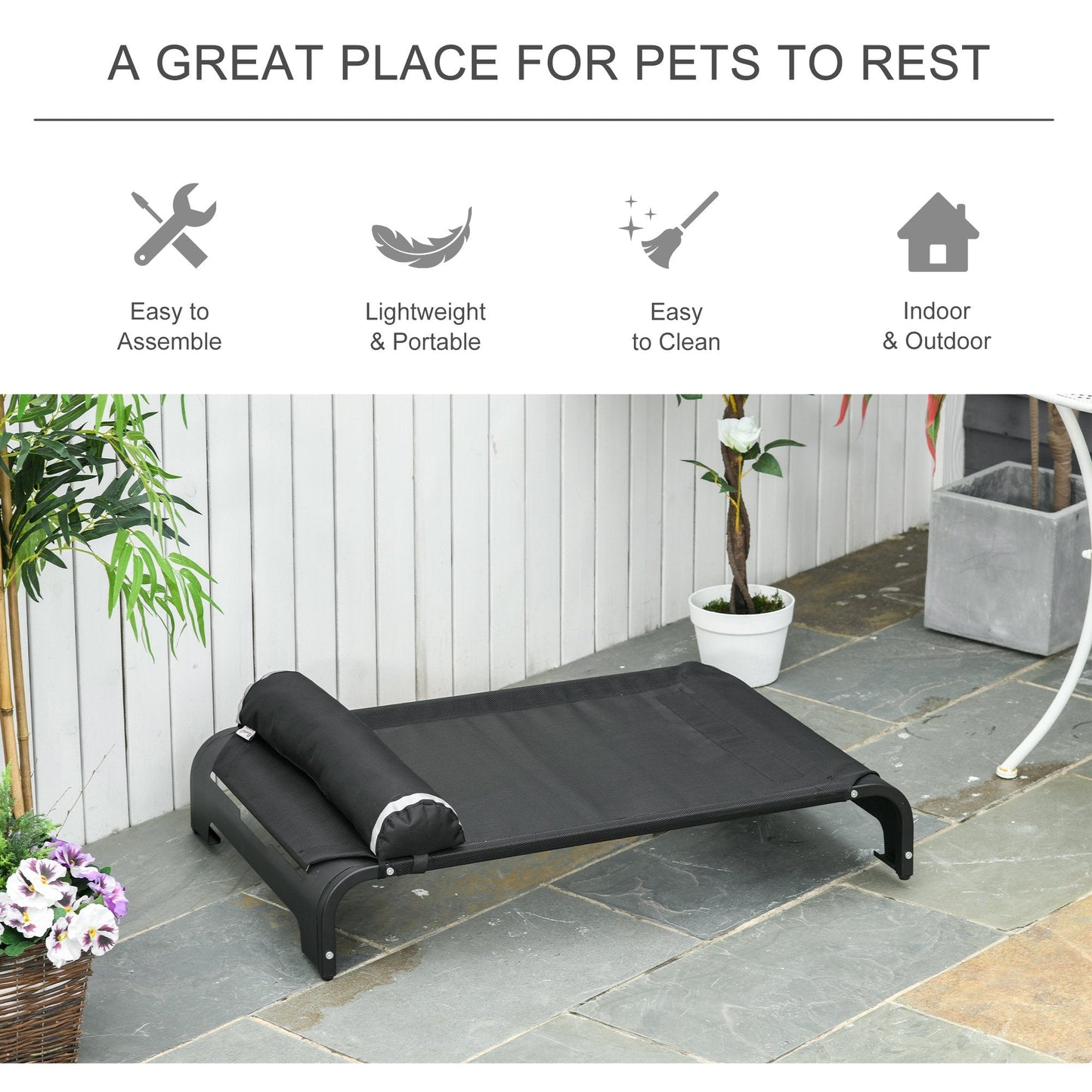 Pet Supplies-Elevated Dog Bed w/ Removable Pillow, Raised Pet Bed w/ Steel Frame & Breathable Mesh Fabric for Small and Medium Sized Dogs, Black - Outdoor Style Company