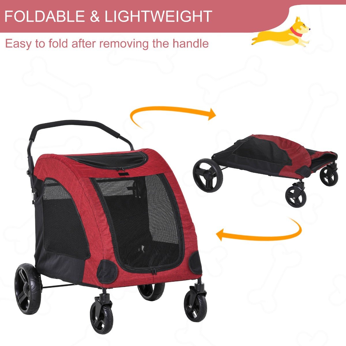 Pet Supplies-Foldable Pet Stroller for Medium Size Dogs with Storage Basket, Ventilated Oxford Fabric, Universal Wheel, Red - Outdoor Style Company