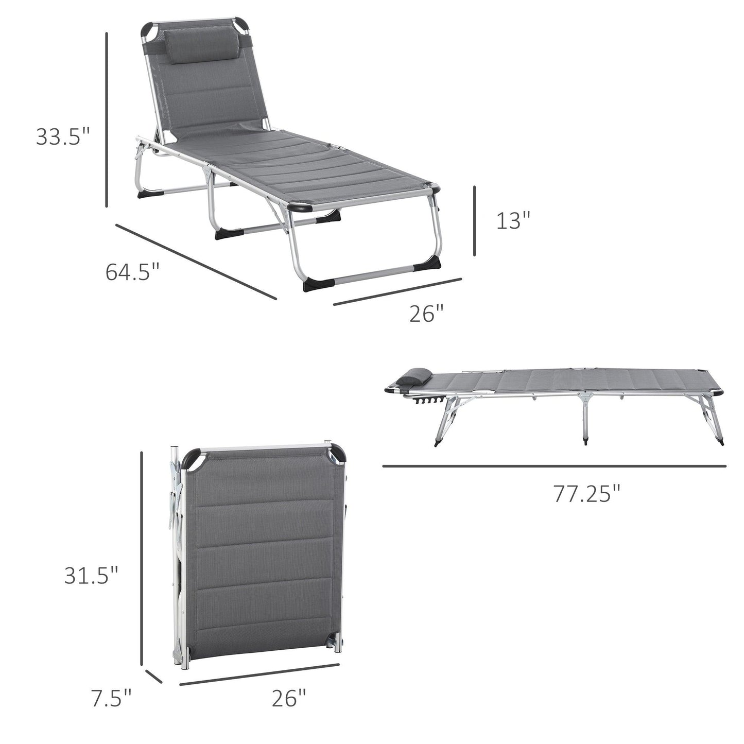 Outdoor and Garden-Foldable Reclining Sun Lounger Lounge Chair Camping Folding Bed Cot 5-Position Adjustable Back with Pillow for Patio Garden Beach Pool Grey - Outdoor Style Company