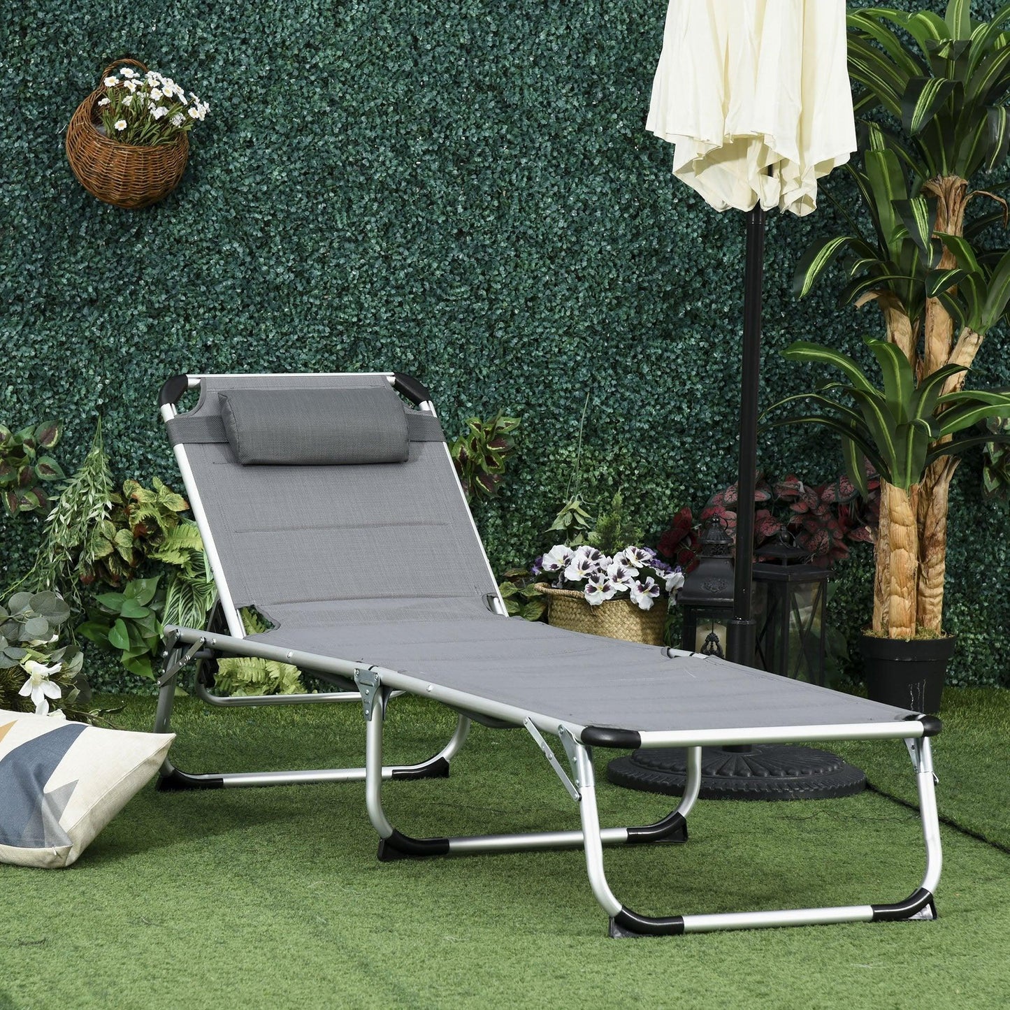 Outdoor and Garden-Foldable Reclining Sun Lounger Lounge Chair Camping Folding Bed Cot 5-Position Adjustable Back with Pillow for Patio Garden Beach Pool Grey - Outdoor Style Company