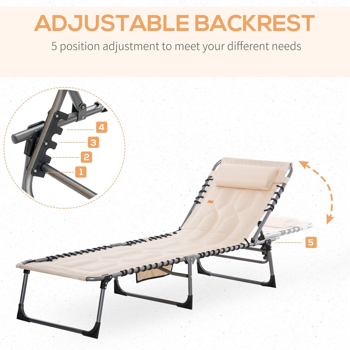 Outdoor and Garden-Folding Chaise Lounge Chair, Outdoor Padded Reclining Chair with 5-position Adjustable Backrest, Pillow and Pocket for Patio, Beach, Beige - Outdoor Style Company