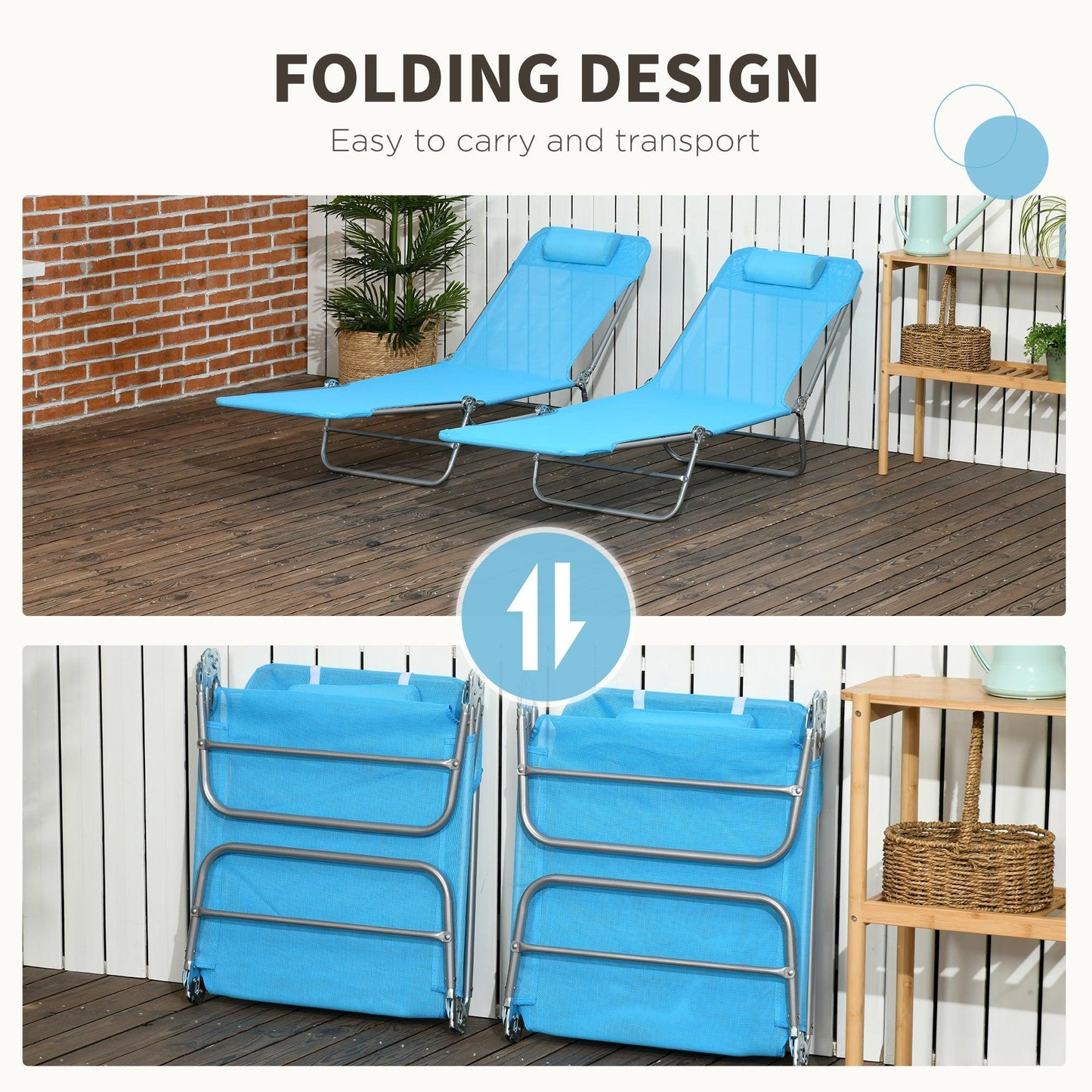 Outdoor and Garden-Folding Chaise Lounge Pool Chairs, Set of 2 Outdoor Sun Tanning Chairs with Pillow, Reclining Back & Breathable Mesh for Beach, Patio, Blue - Outdoor Style Company